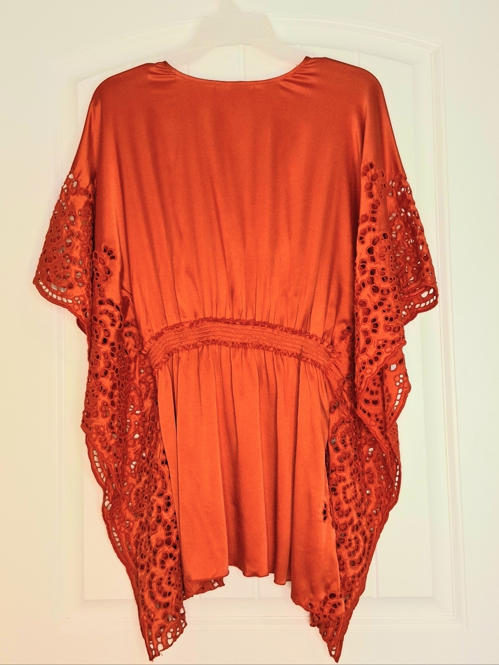 Hale Bob Cabana Stretch Silk Swim Cover-up Tunic Top Sz Lg Red Eyelet Lace Trim - Picture 2 of 8